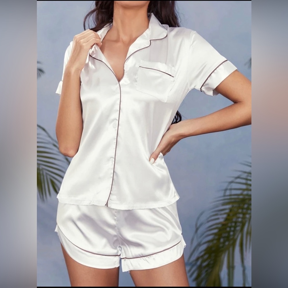 White satan pajamas with brown trim and button front. Perfect for any occasion! - Picture 1 of 1
